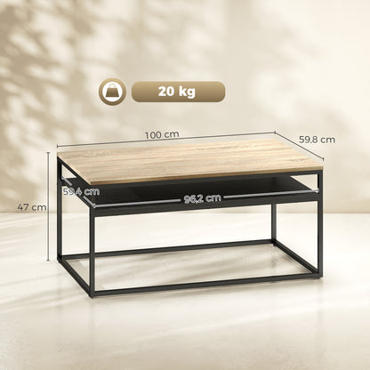 Coffee Table with Shelf, Modern Industrial Side Table for Living Room or Bedroom, 39.4 x 23.6 x 18.5 in (100 x 59.8 x 47 cm), Oak