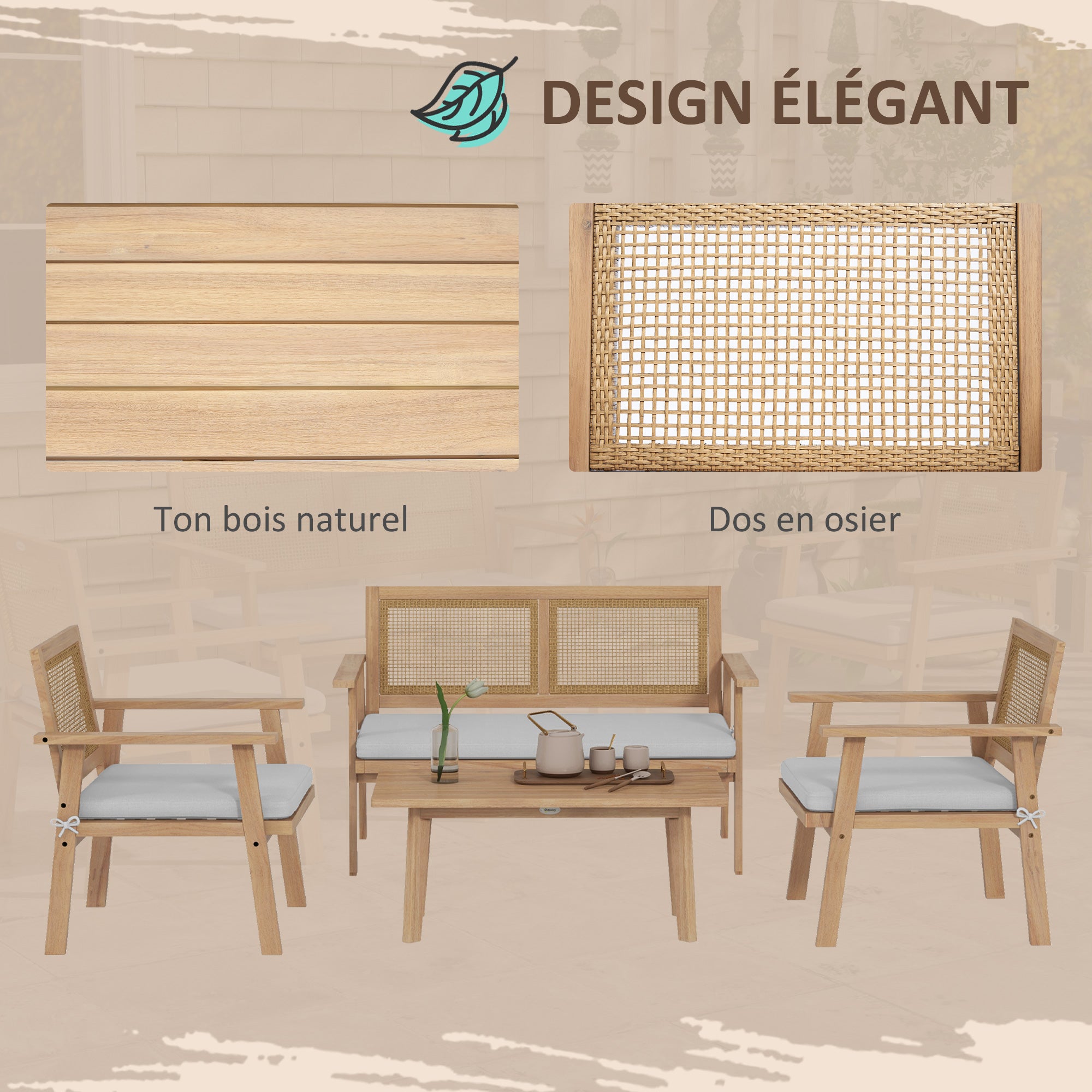 4-piece garden furniture set - outdoor furniture set with 2 armchairs, 1 sofa, 1 coffee table, cushions - Bohemian style - acacia wood and wicker resin