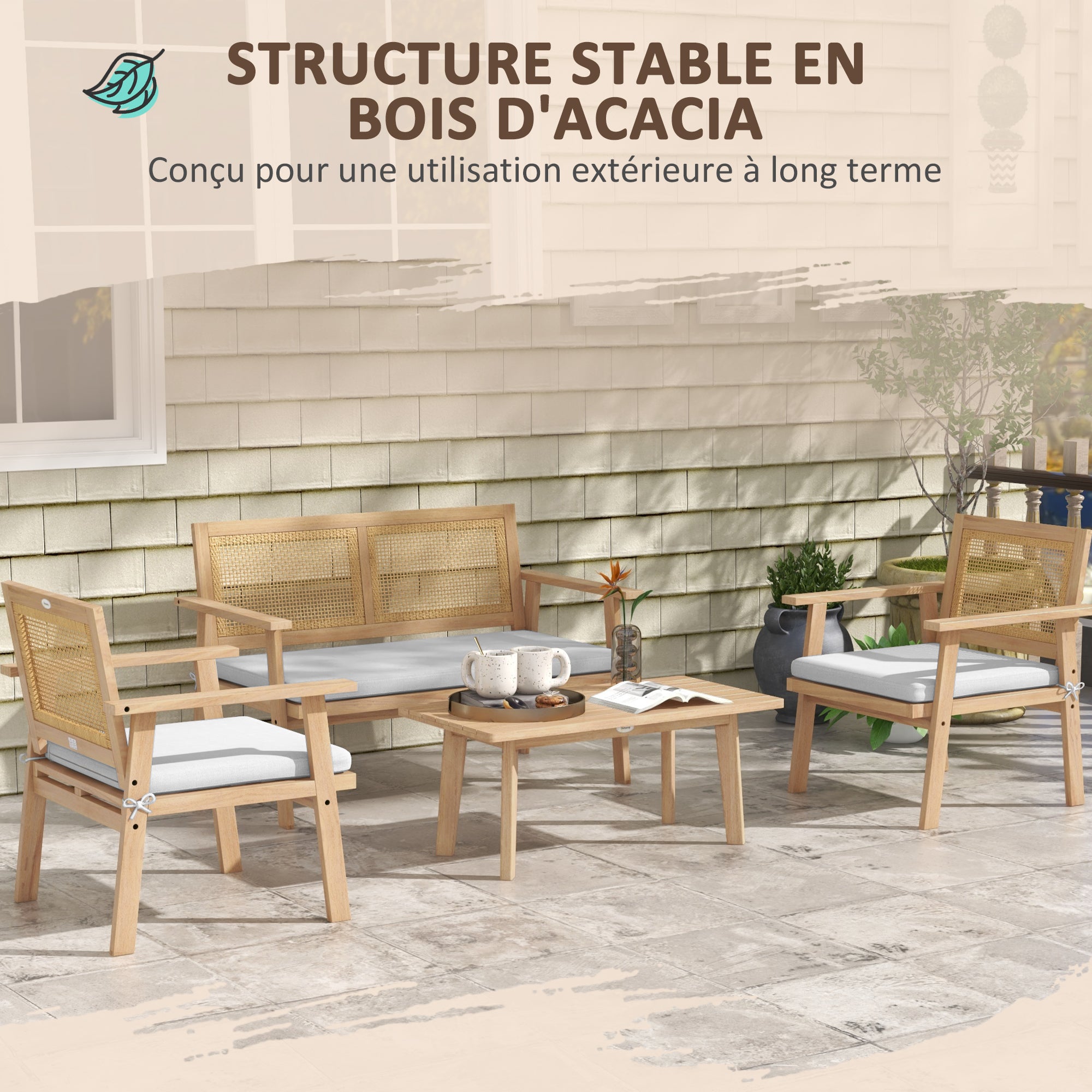 4-piece garden furniture set - outdoor furniture set with 2 armchairs, 1 sofa, 1 coffee table, cushions - Bohemian style - acacia wood and wicker resin