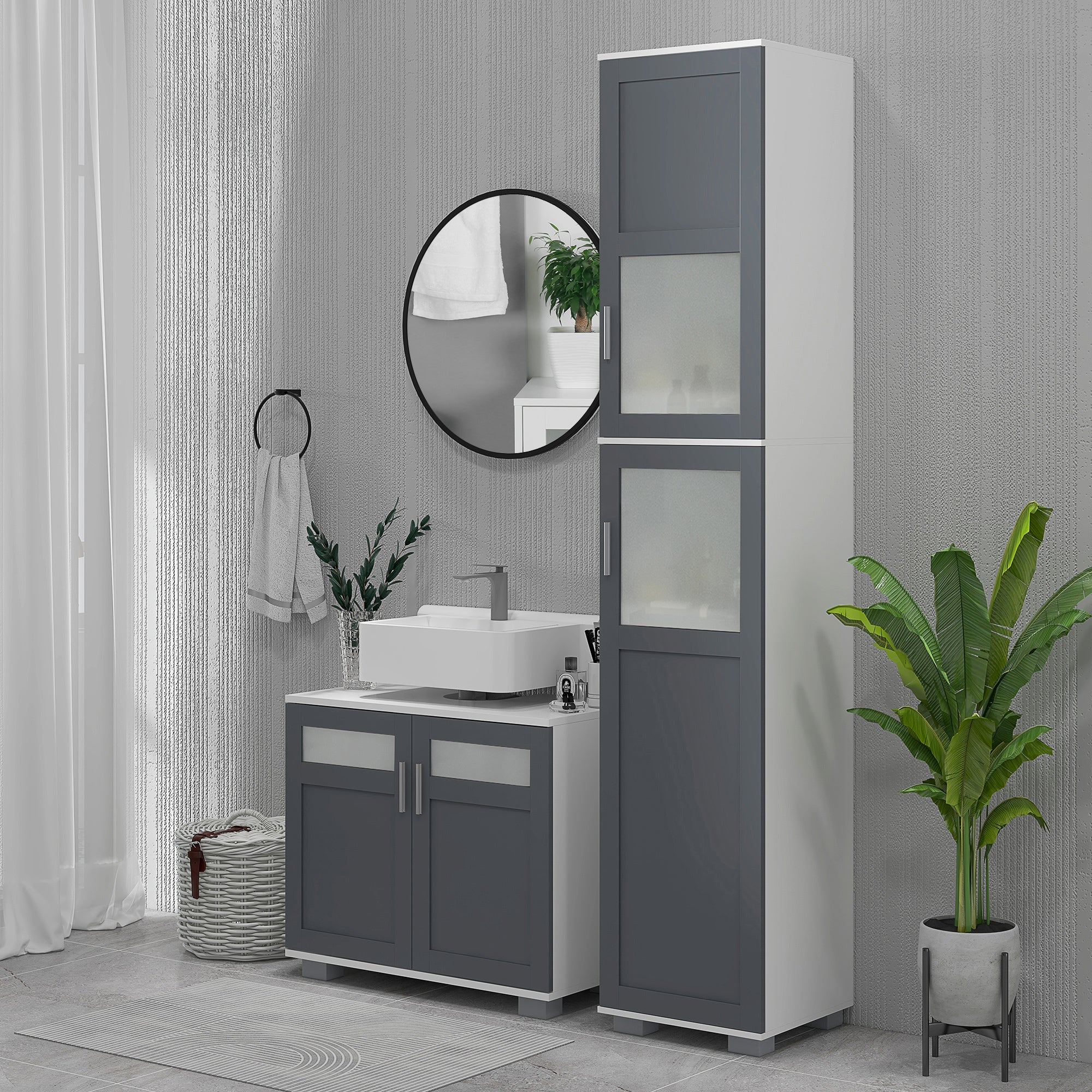 High Bathroom Cabinet Bathroom Column with 2 Tempered Glass Doors and Adjustable Shelves 37x35x190 cm White and Grey