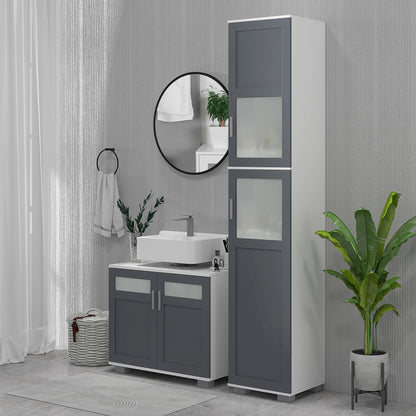 High Bathroom Cabinet Bathroom Column with 2 Tempered Glass Doors and Adjustable Shelves 37x35x190 cm White and Grey