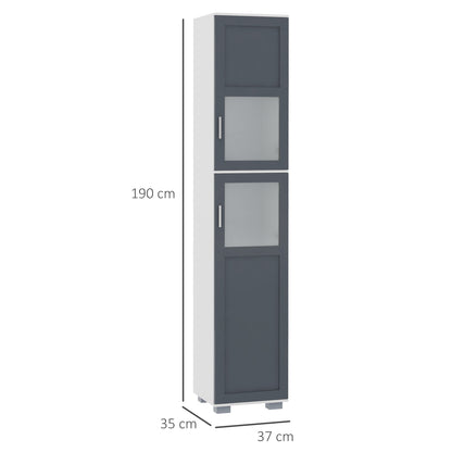High Bathroom Cabinet Bathroom Column with 2 Tempered Glass Doors and Adjustable Shelves 37x35x190 cm White and Grey