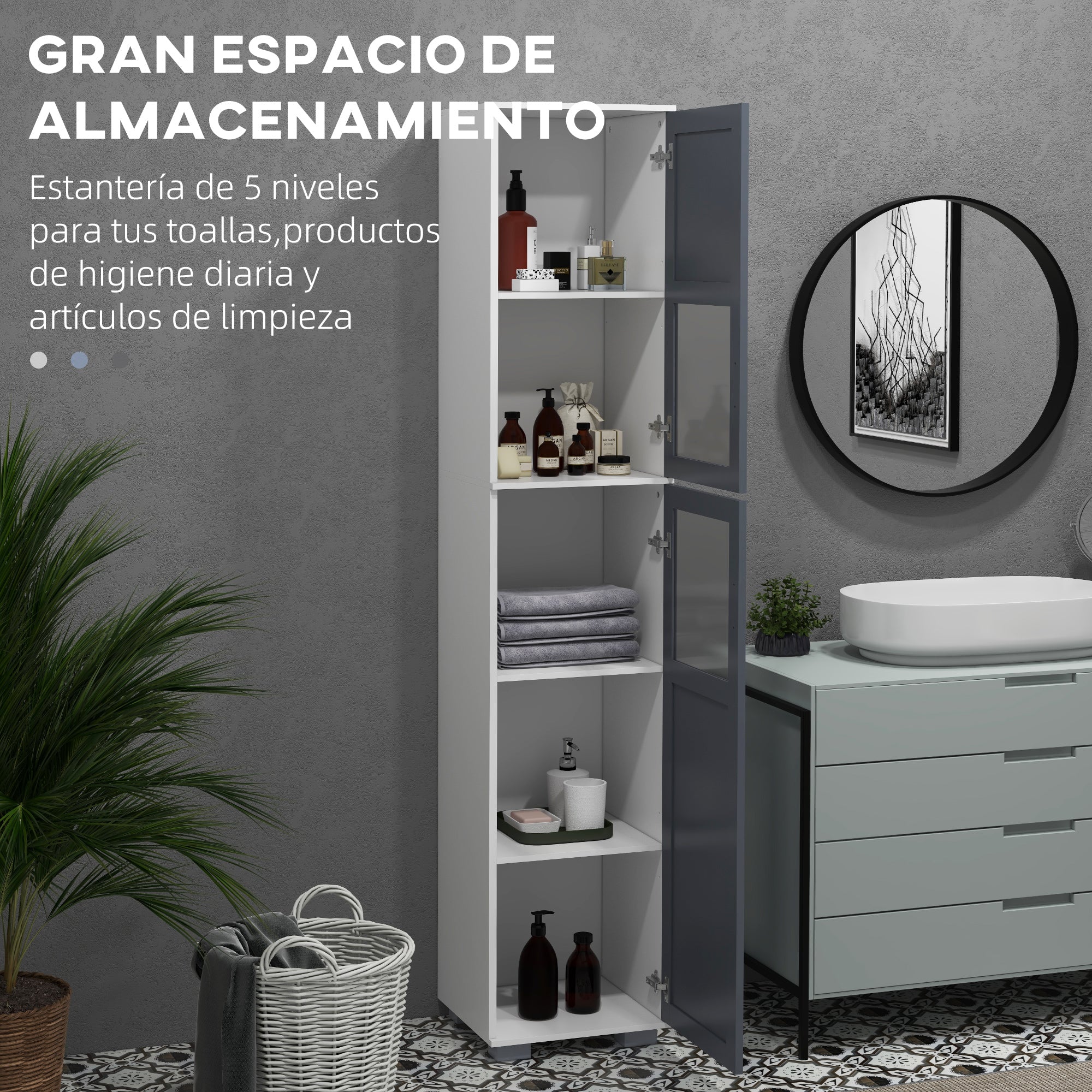 High Bathroom Cabinet Bathroom Column with 2 Tempered Glass Doors and Adjustable Shelves 37x35x190 cm White and Grey