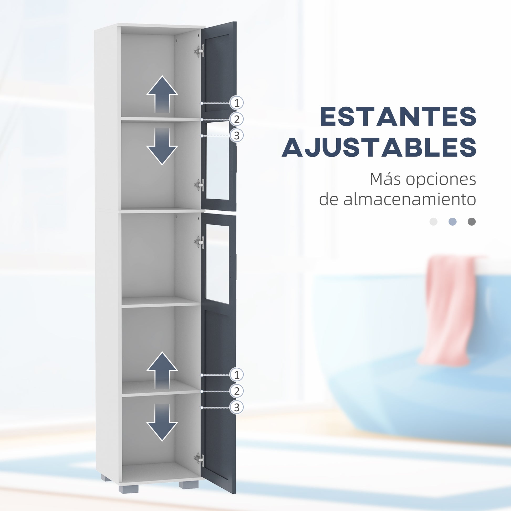 High Bathroom Cabinet Bathroom Column with 2 Tempered Glass Doors and Adjustable Shelves 37x35x190 cm White and Grey