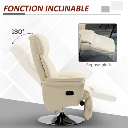 Relaxation Chair Reclining Lounge Chair Swivel Adjustable Footrest Armrests, TV Chair in Synthetic Leather, up to 150 kg, for Living Room, Bedroom, Home Cinema, Cream