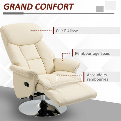 Relaxation Chair Reclining Lounge Chair Swivel Adjustable Footrest Armrests, TV Chair in Synthetic Leather, up to 150 kg, for Living Room, Bedroom, Home Cinema, Cream