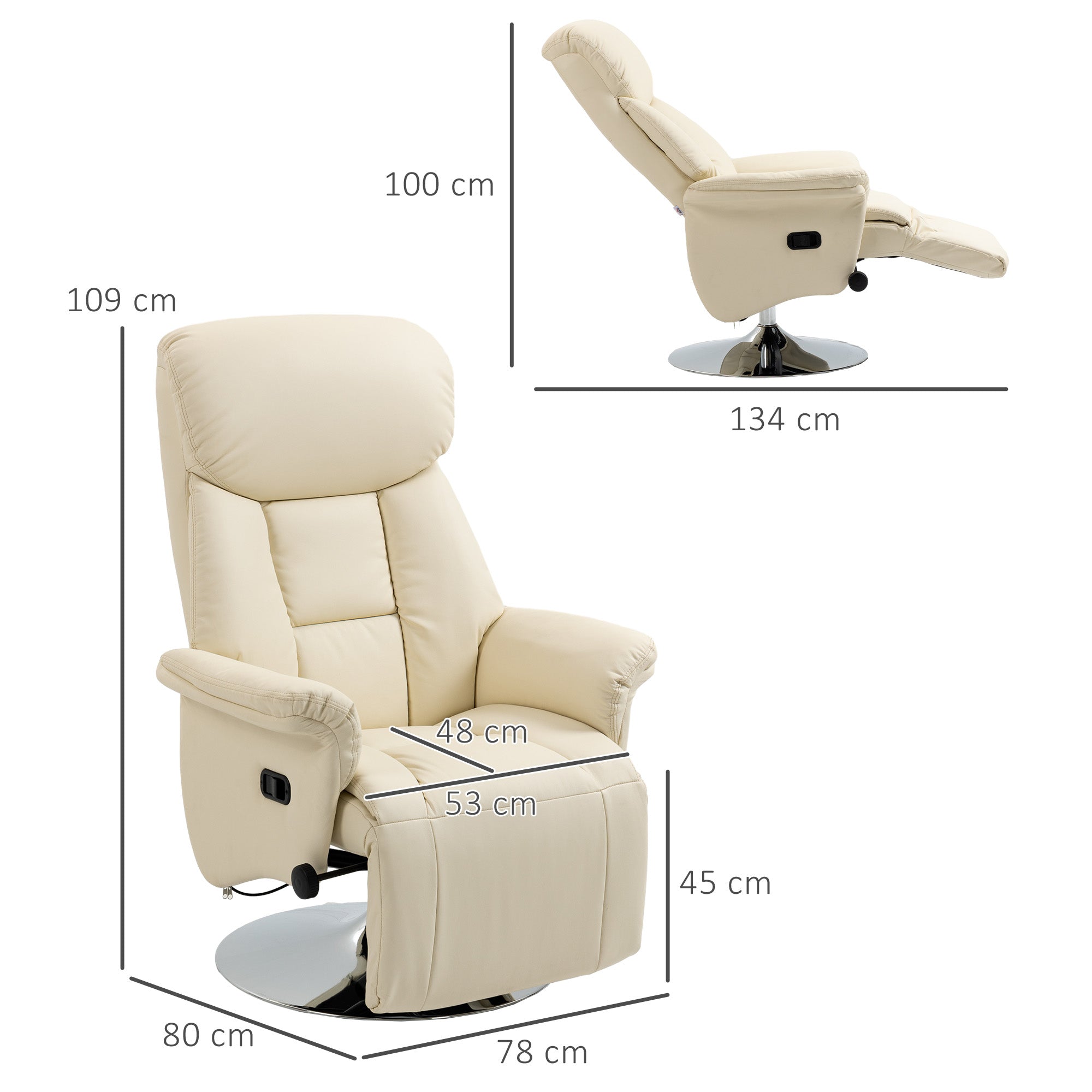 Relaxation Chair Reclining Lounge Chair Swivel Adjustable Footrest Armrests, TV Chair in Synthetic Leather, up to 150 kg, for Living Room, Bedroom, Home Cinema, Cream