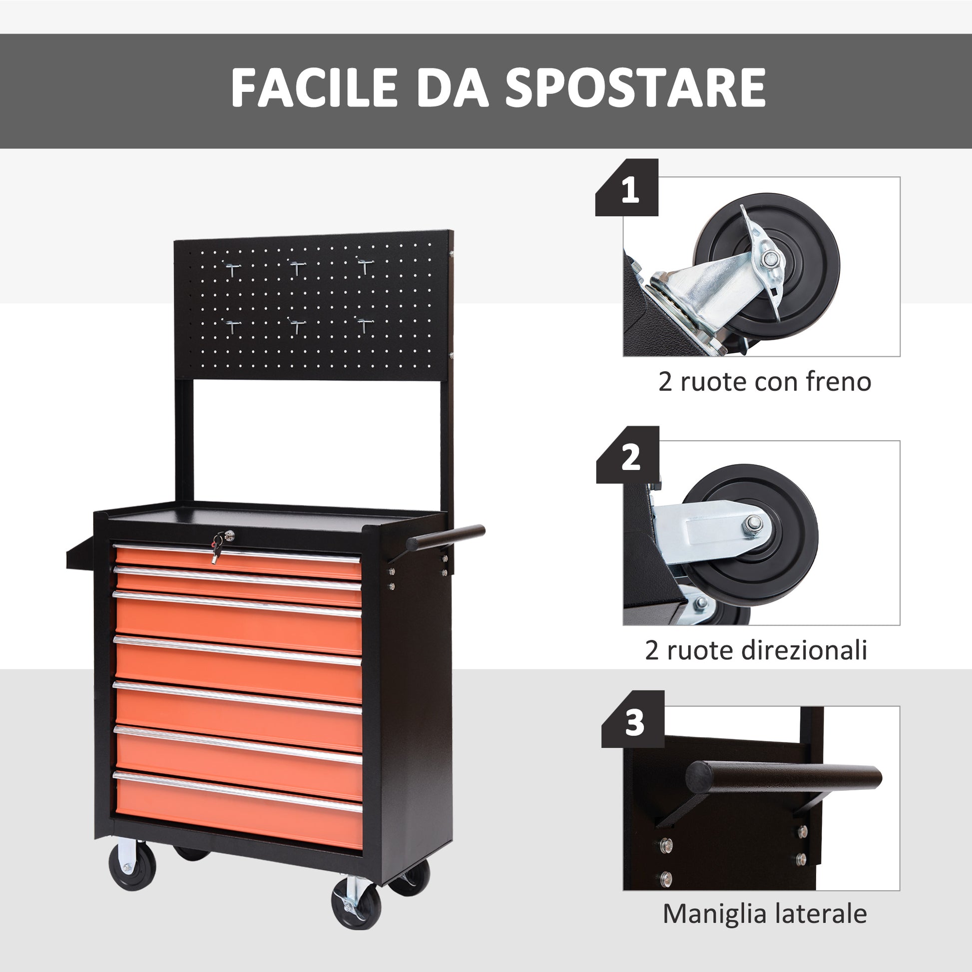 Tool Cart Tool Equipment with Tool Chest 61.5 x 33 x 76cm Black and Orange