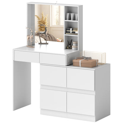 Vanity Table Dressing Table with Mirror, Push-to-Open Mechanisms, Versatile Mounting Options, Dressing Table with 4 Drawers, 3 Open Shelves, and 2 Cabinets, White