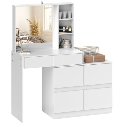 Vanity Table Dressing Table with Mirror, Push-to-Open Mechanisms, Versatile Mounting Options, Dressing Table with 4 Drawers, 3 Open Shelves, and 2 Cabinets, White