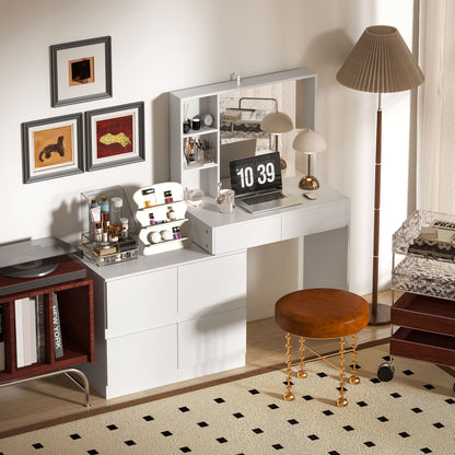 Vanity Table Dressing Table with Mirror, Push-to-Open Mechanisms, Versatile Mounting Options, Dressing Table with 4 Drawers, 3 Open Shelves, and 2 Cabinets, White