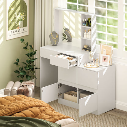 Vanity Table Dressing Table with Mirror, Push-to-Open Mechanisms, Versatile Mounting Options, Dressing Table with 4 Drawers, 3 Open Shelves, and 2 Cabinets, White