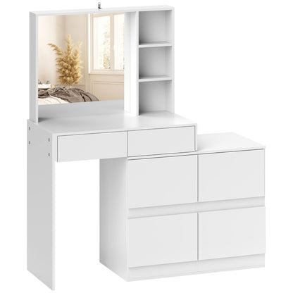 Vanity Table Dressing Table with Mirror, Push-to-Open Mechanisms, Versatile Mounting Options, Dressing Table with 4 Drawers, 3 Open Shelves, and 2 Cabinets, White