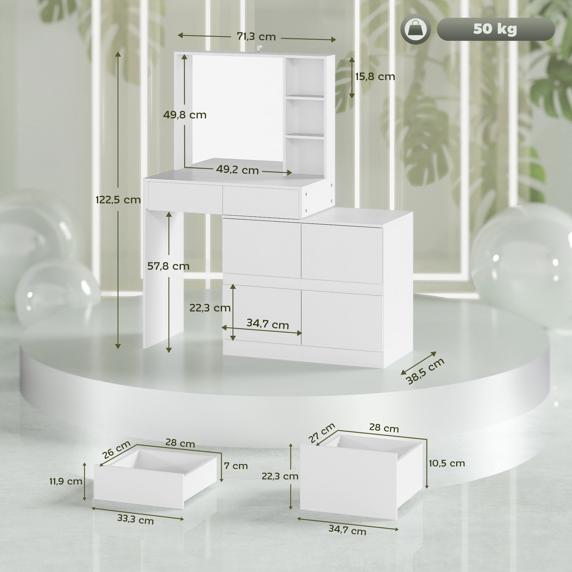 Vanity Table Dressing Table with Mirror, Push-to-Open Mechanisms, Versatile Mounting Options, Dressing Table with 4 Drawers, 3 Open Shelves, and 2 Cabinets, White