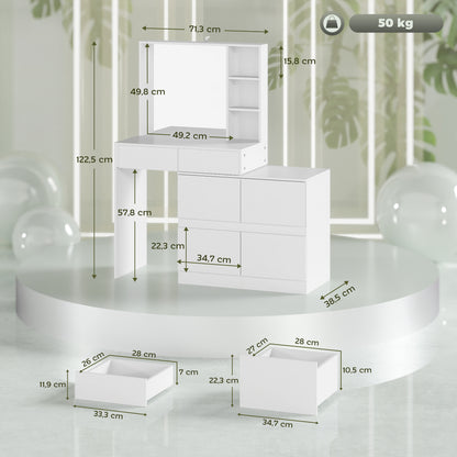 Vanity Table Dressing Table with Mirror, Push-to-Open Mechanisms, Versatile Mounting Options, Dressing Table with 4 Drawers, 3 Open Shelves, and 2 Cabinets, White