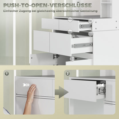 Vanity Table Dressing Table with Mirror, Push-to-Open Mechanisms, Versatile Mounting Options, Dressing Table with 4 Drawers, 3 Open Shelves, and 2 Cabinets, White