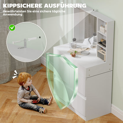 Vanity Table Dressing Table with Mirror, Push-to-Open Mechanisms, Versatile Mounting Options, Dressing Table with 4 Drawers, 3 Open Shelves, and 2 Cabinets, White