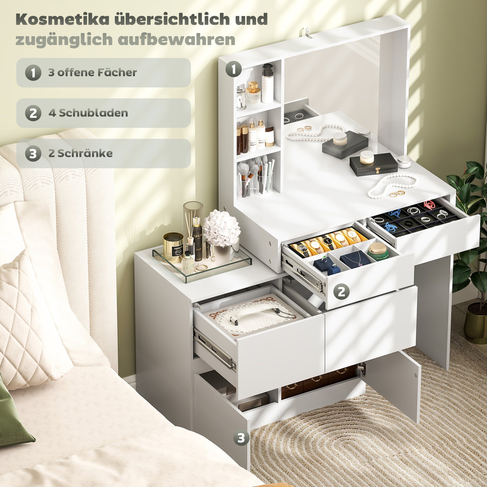 Vanity Table Dressing Table with Mirror, Push-to-Open Mechanisms, Versatile Mounting Options, Dressing Table with 4 Drawers, 3 Open Shelves, and 2 Cabinets, White