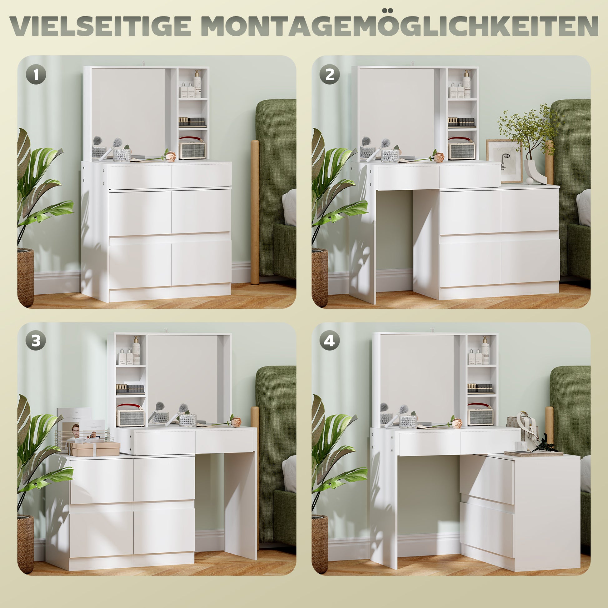 Vanity Table Dressing Table with Mirror, Push-to-Open Mechanisms, Versatile Mounting Options, Dressing Table with 4 Drawers, 3 Open Shelves, and 2 Cabinets, White