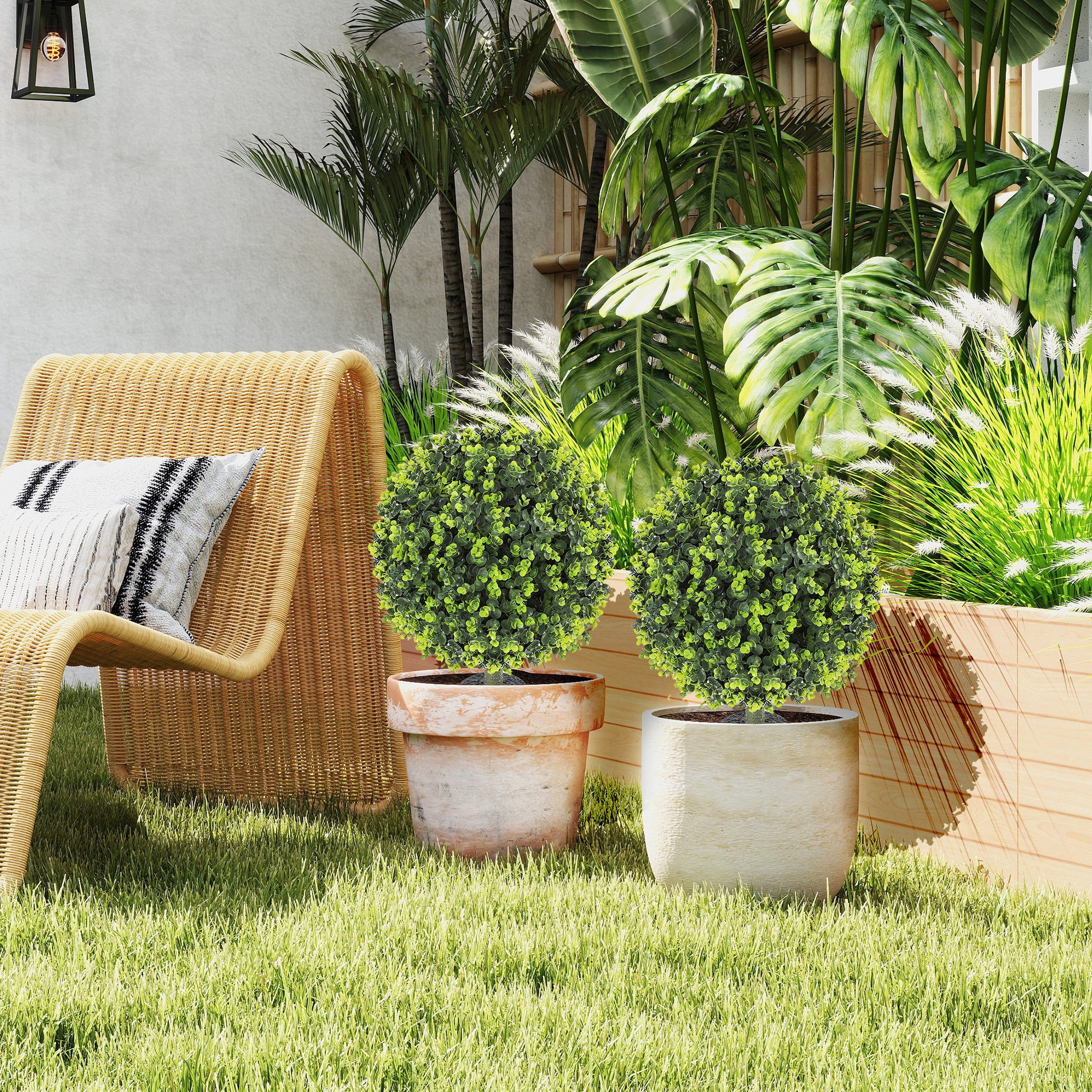 2-Piece Artificial Boxwood Ball Set 56 cm Artificial Plant with Ground Spike, Plastic Artificial Plants that Look Real with UV Protection for Living Room Bedroom Office Garden