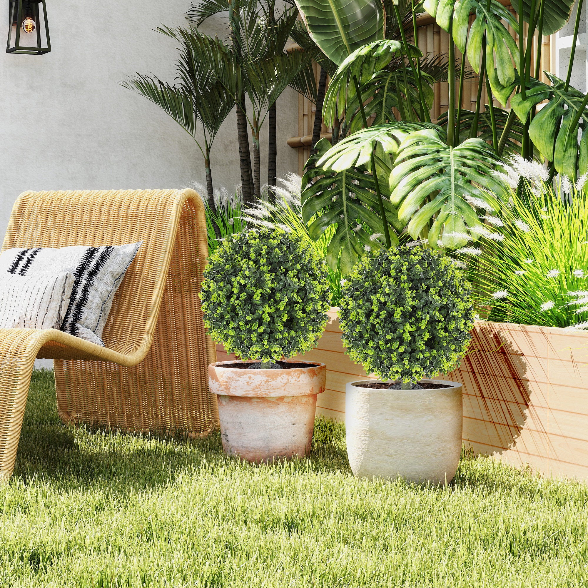 2-Piece Artificial Boxwood Ball Set 56 cm Artificial Plant with Ground Spike, Plastic Artificial Plants that Look Real with UV Protection for Living Room Bedroom Office Garden
