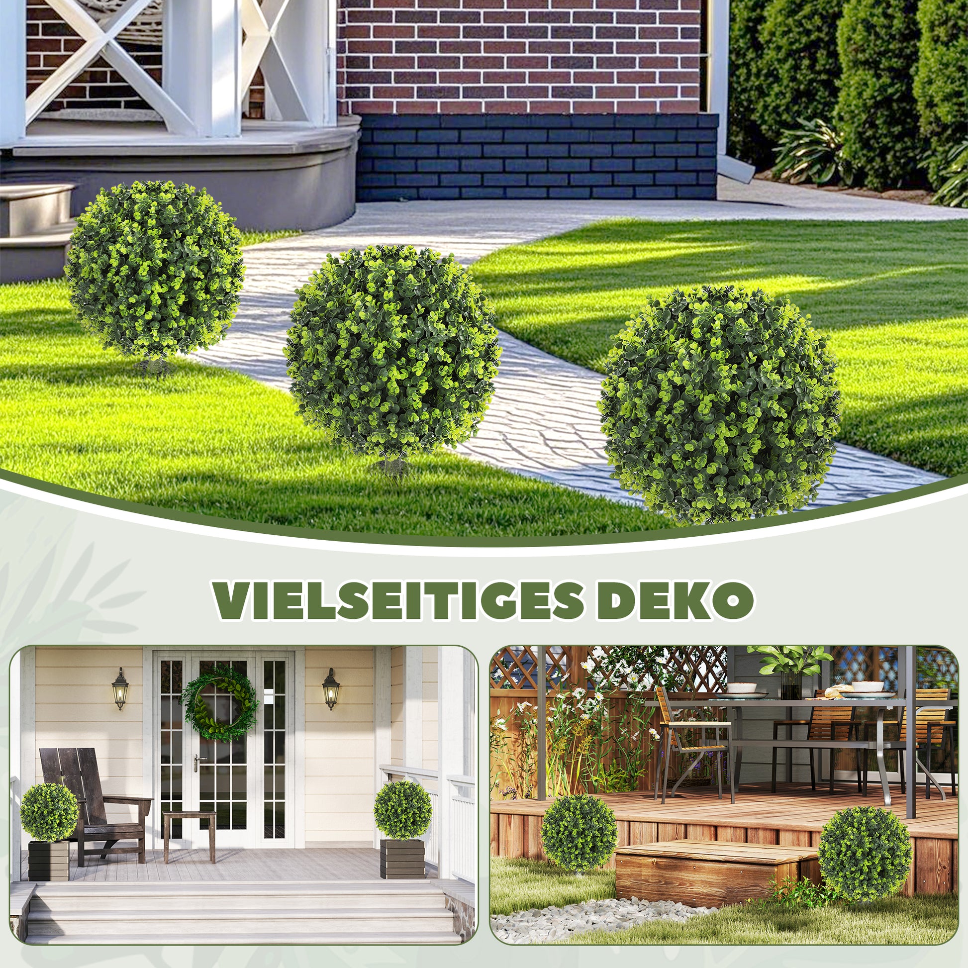 2-Piece Artificial Boxwood Ball Set 56 cm Artificial Plant with Ground Spike, Plastic Artificial Plants that Look Real with UV Protection for Living Room Bedroom Office Garden