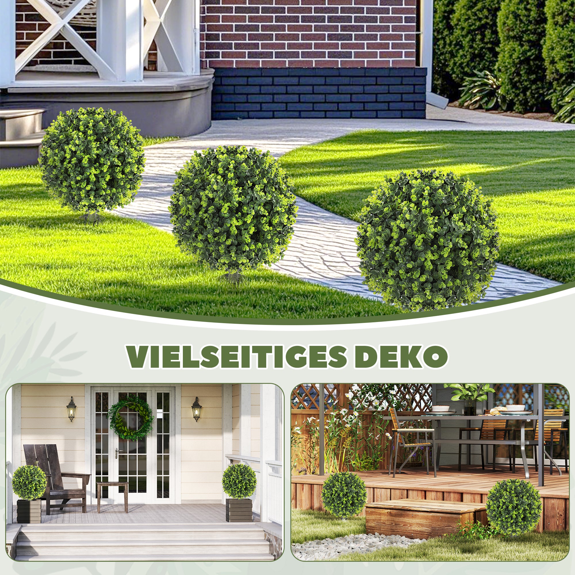 2-Piece Artificial Boxwood Ball Set 56 cm Artificial Plant with Ground Spike, Plastic Artificial Plants that Look Real with UV Protection for Living Room Bedroom Office Garden