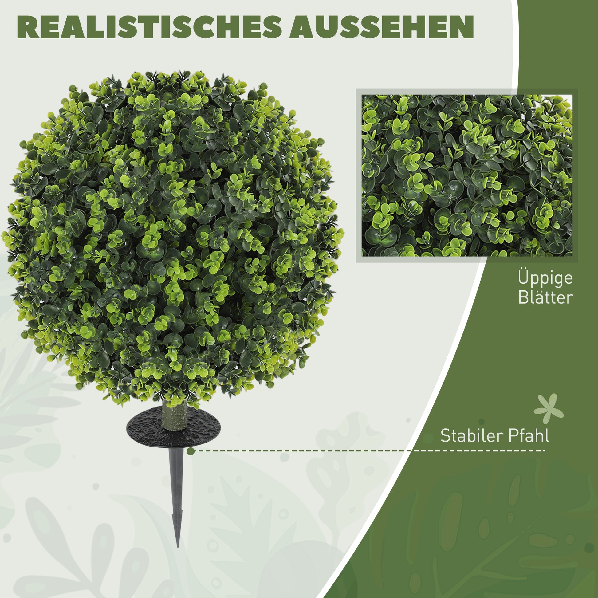 2-Piece Artificial Boxwood Ball Set 56 cm Artificial Plant with Ground Spike, Plastic Artificial Plants that Look Real with UV Protection for Living Room Bedroom Office Garden