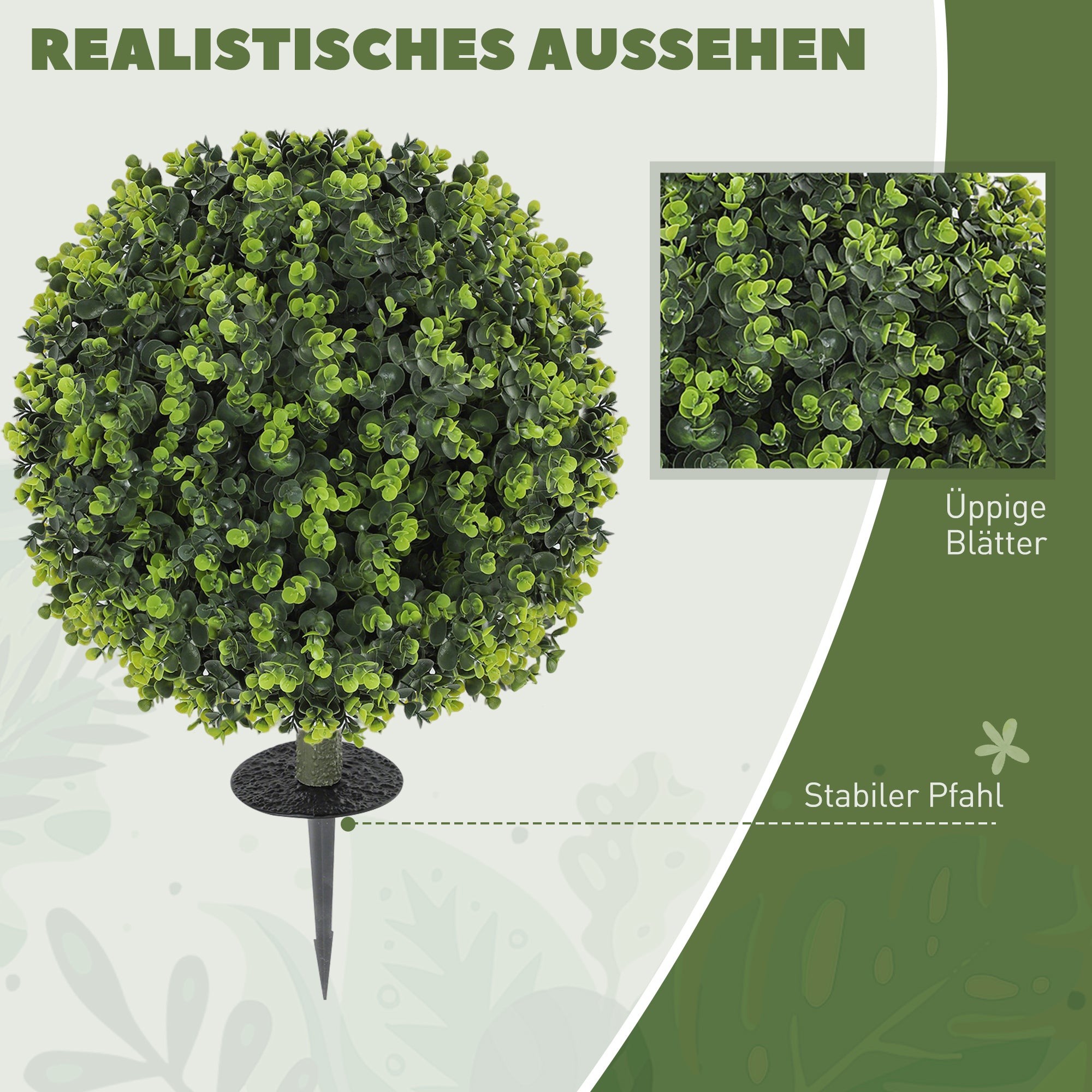 2-Piece Artificial Boxwood Ball Set 56 cm Artificial Plant with Ground Spike, Plastic Artificial Plants that Look Real with UV Protection for Living Room Bedroom Office Garden