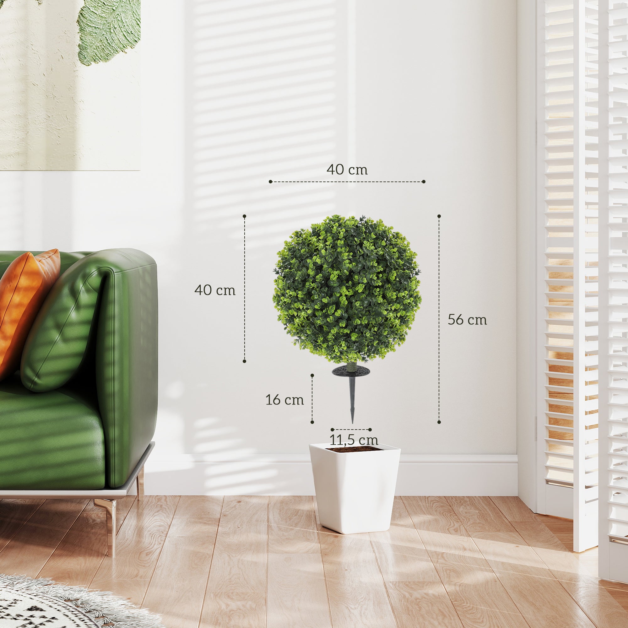 2-Piece Artificial Boxwood Ball Set 56 cm Artificial Plant with Ground Spike, Plastic Artificial Plants that Look Real with UV Protection for Living Room Bedroom Office Garden