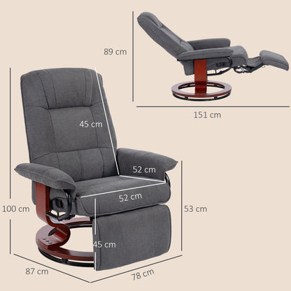 Recliner Armchair with Adjustable Footrest, 360° Swivel, Solid Wood Legs, Linen-Style Gray Fabric