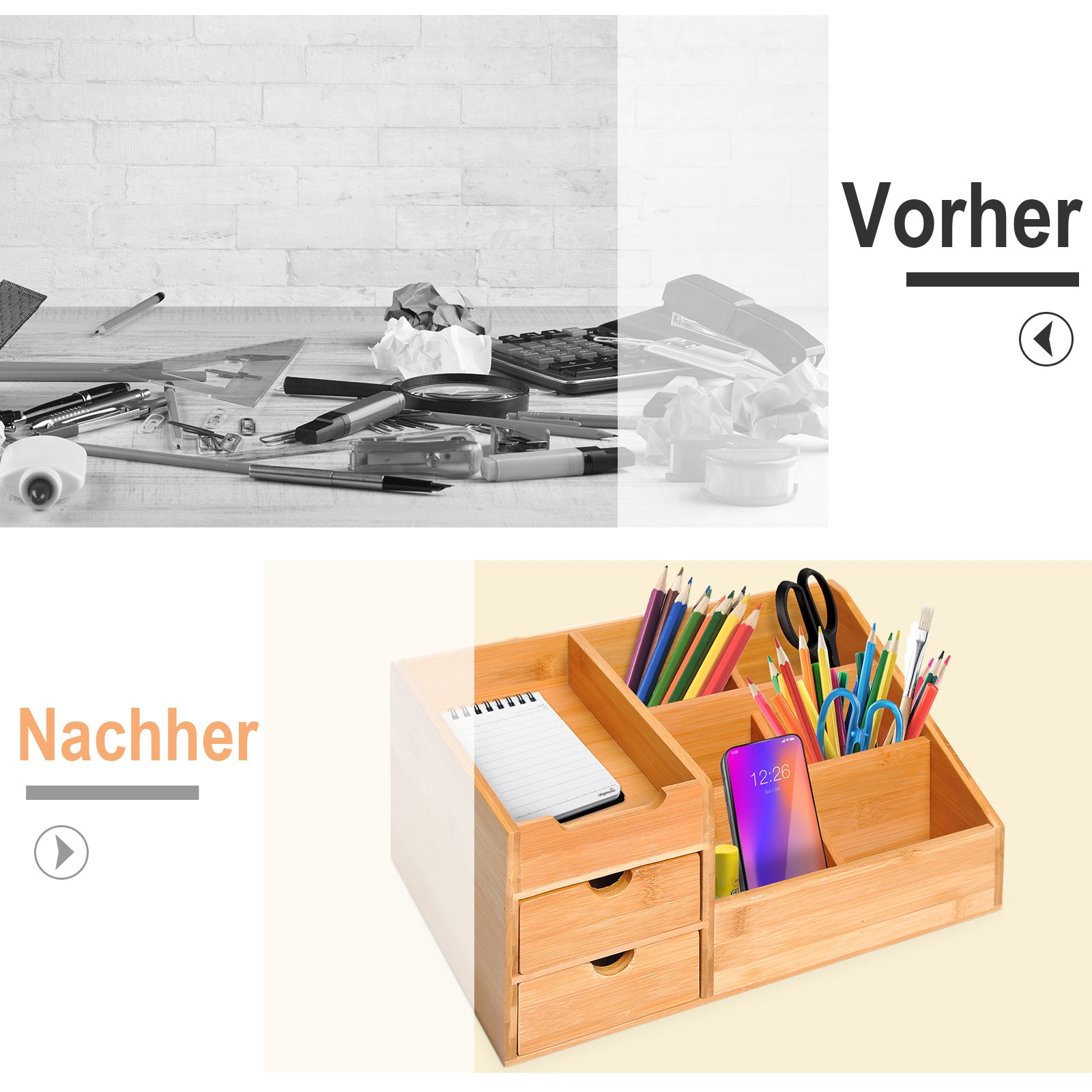 Desk Organizer Storage Box Office Box Organization 2 Drawers Natural L33 x W20.5 x H15.5 cm