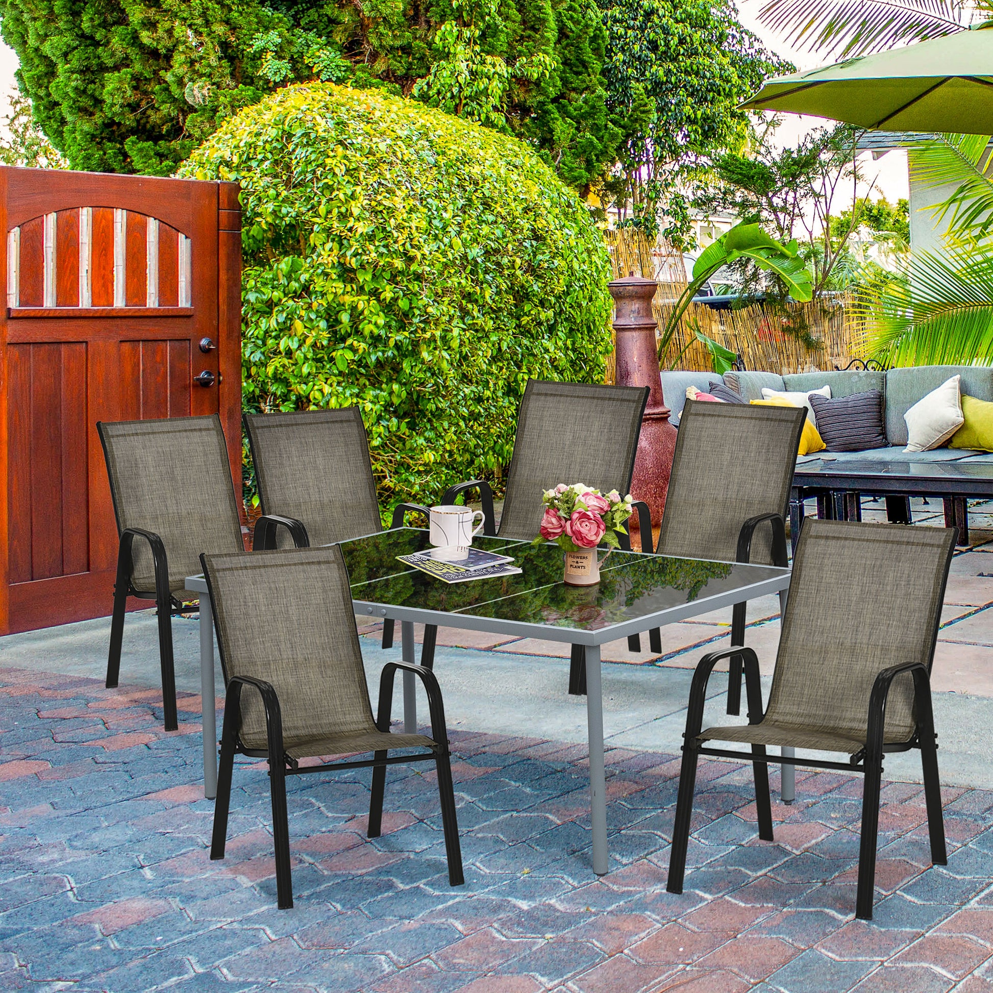 Set of 6 Stackable Space-Saving Garden Chairs, Outdoor Chairs with Metal Arms and Breathable Fabric, Brown