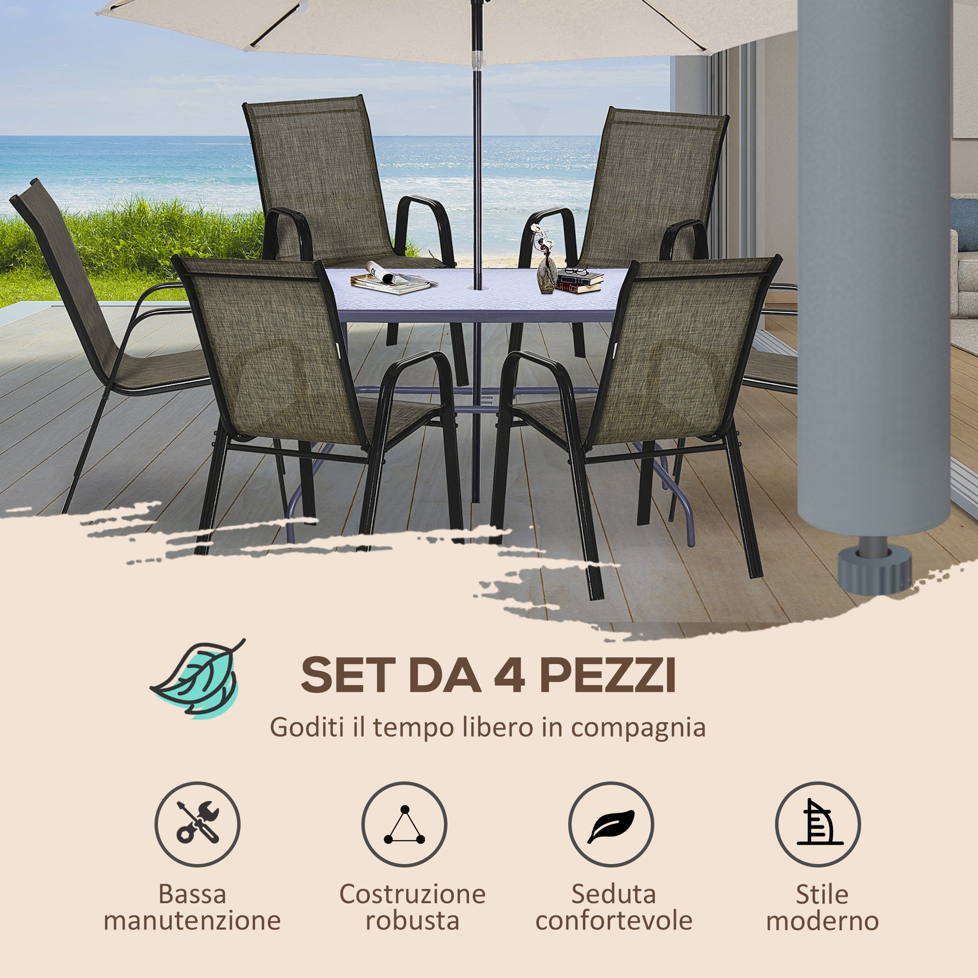 Set of 6 Stackable Space-Saving Garden Chairs, Outdoor Chairs with Metal Arms and Breathable Fabric, Brown