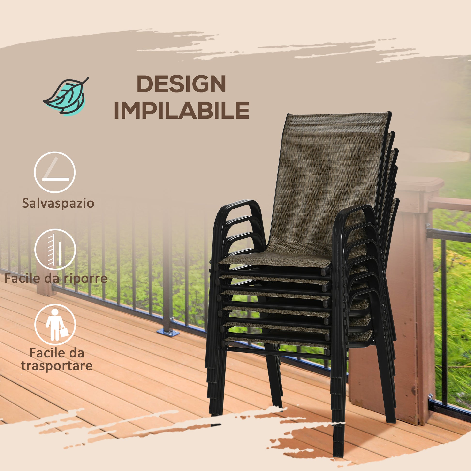 Set of 6 Stackable Space-Saving Garden Chairs, Outdoor Chairs with Metal Arms and Breathable Fabric, Brown