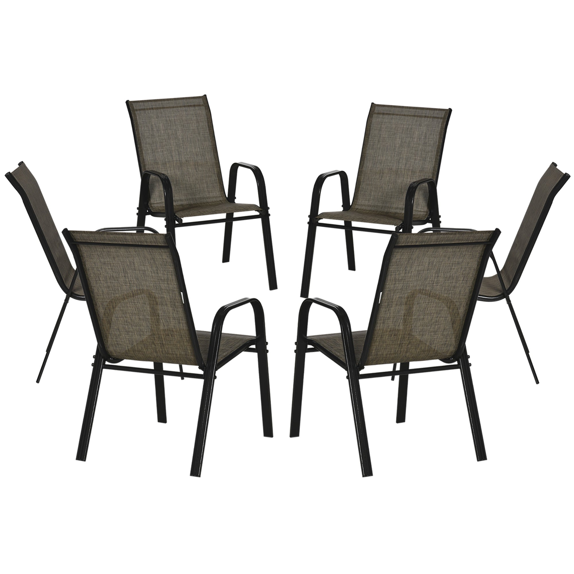 Set of 6 Stackable Space-Saving Garden Chairs, Outdoor Chairs with Metal Arms and Breathable Fabric, Brown