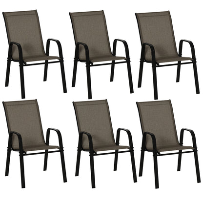 Set of 6 Stackable Space-Saving Garden Chairs, Outdoor Chairs with Metal Arms and Breathable Fabric, Brown