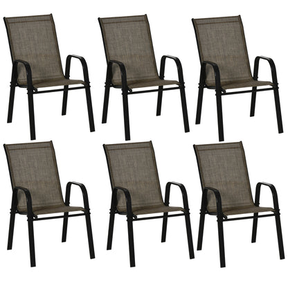 Set of 6 Stackable Space-Saving Garden Chairs, Outdoor Chairs with Metal Arms and Breathable Fabric, Brown