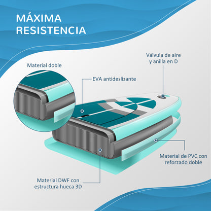 Inflatable Paddle Board 320x76x15 cm Foldable with Adjustable Detachable Aluminum Paddle Carry Bag and Complete Accessories White and Turquoise