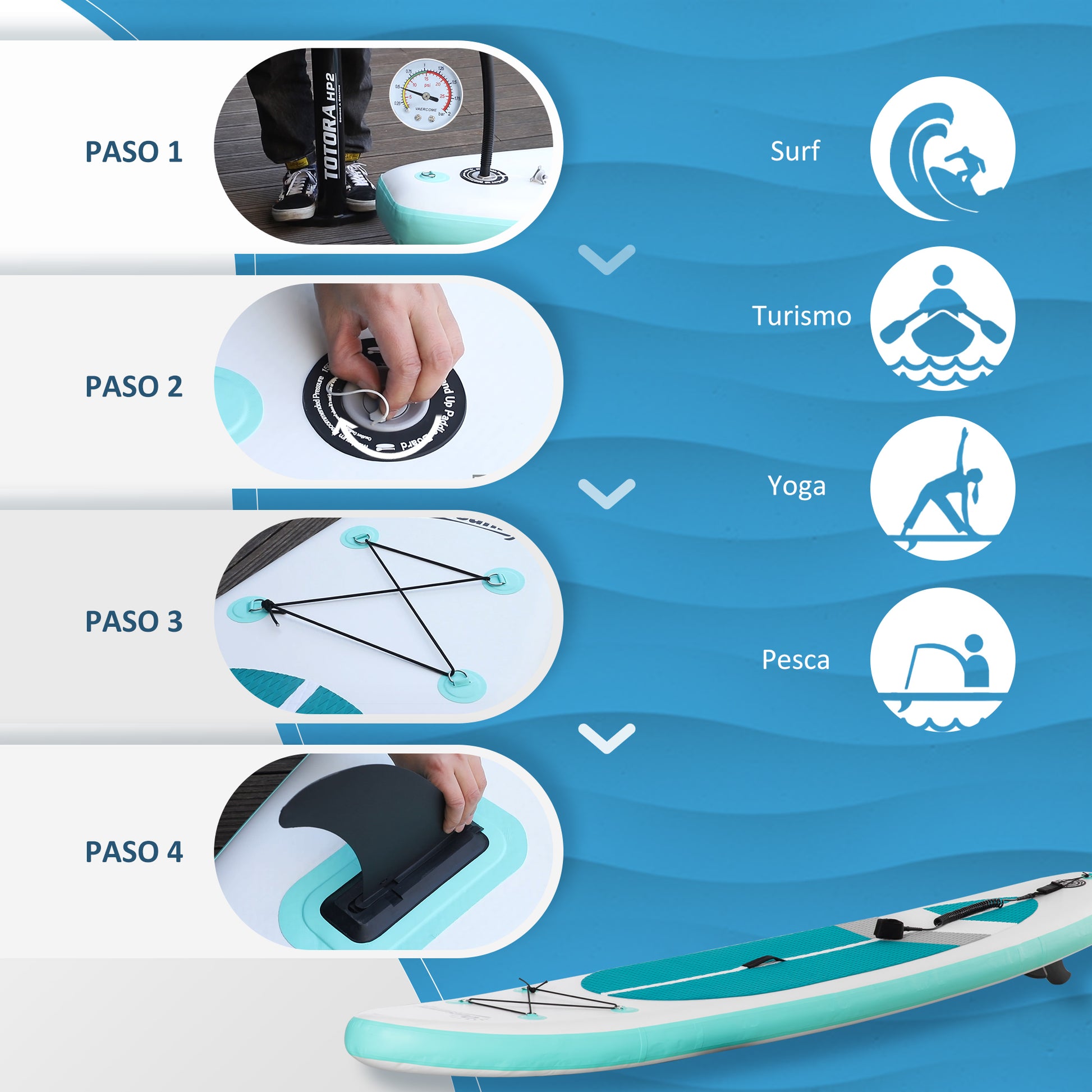 Inflatable Paddle Board 320x76x15 cm Foldable with Adjustable Detachable Aluminum Paddle Carry Bag and Complete Accessories White and Turquoise