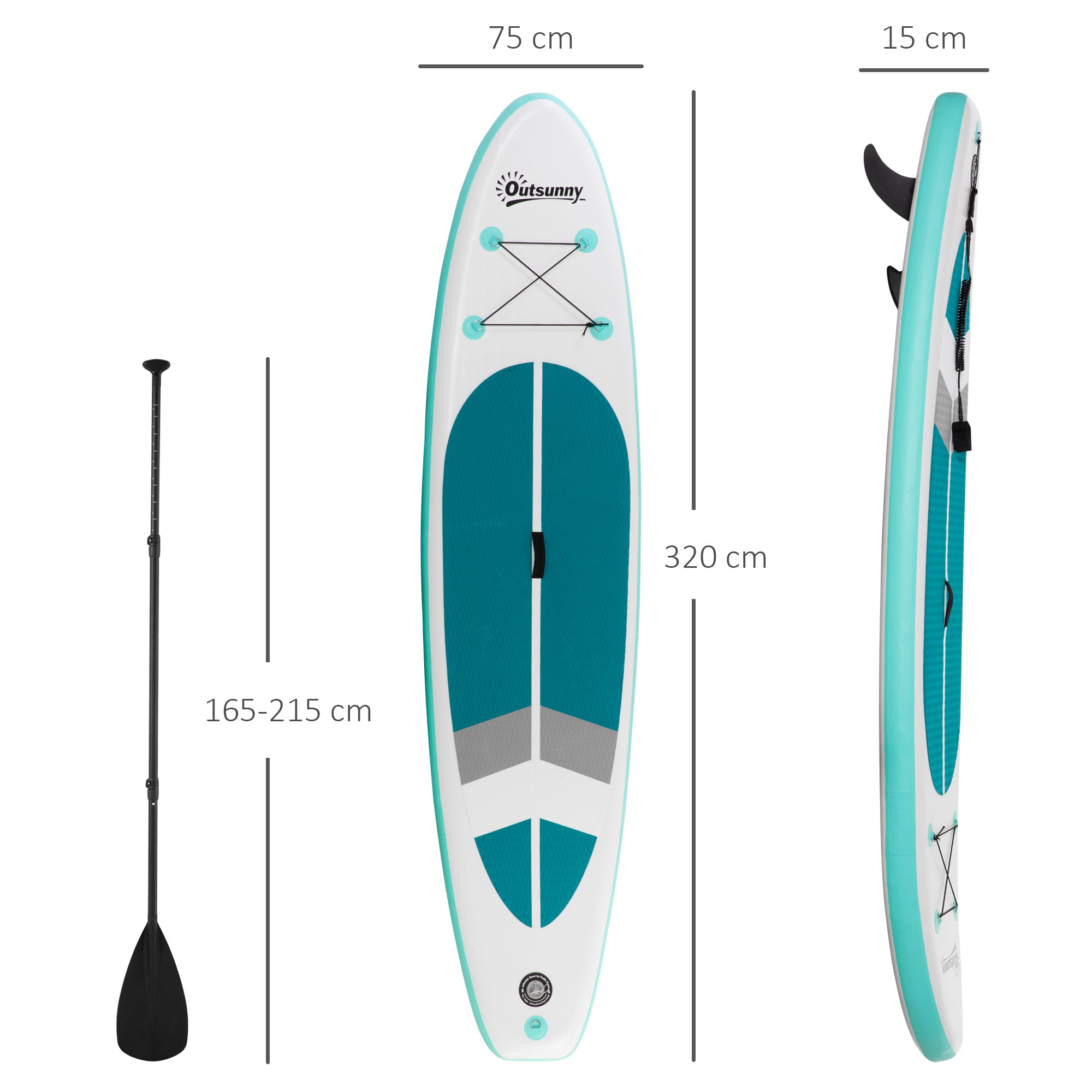 Inflatable Paddle Board 320x76x15 cm Foldable with Adjustable Detachable Aluminum Paddle Carry Bag and Complete Accessories White and Turquoise