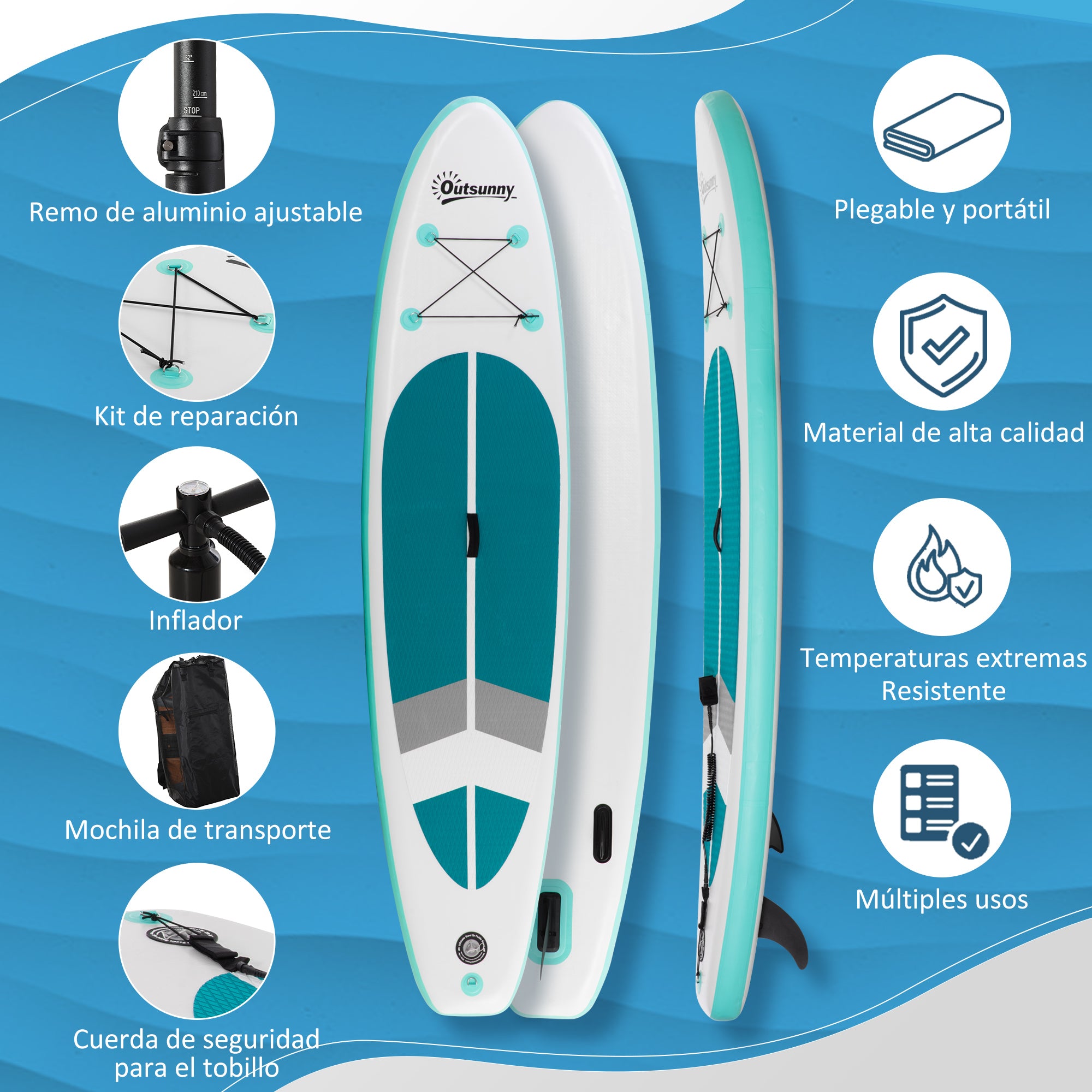 Inflatable Paddle Board 320x76x15 cm Foldable with Adjustable Detachable Aluminum Paddle Carry Bag and Complete Accessories White and Turquoise