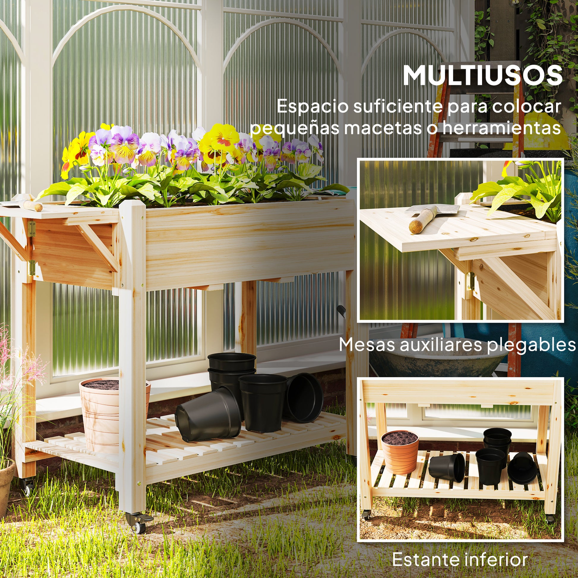 Wooden Elevated Garden Bed with Wheels Foldable Shelves Planter Raised Table for Cultivating Flowers Vegetables in Garden Terrace 145x52x86 cm Natural