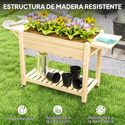 Wooden Elevated Garden Bed with Wheels Foldable Shelves Planter Raised Table for Cultivating Flowers Vegetables in Garden Terrace 145x52x86 cm Natural