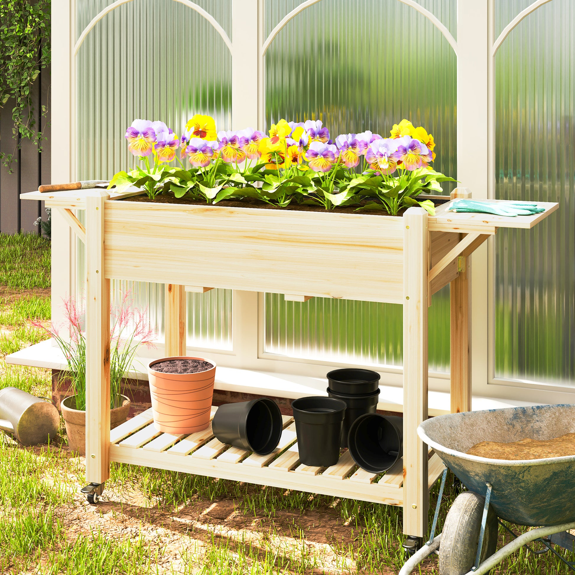 Wooden Elevated Garden Bed with Wheels Foldable Shelves Planter Raised Table for Cultivating Flowers Vegetables in Garden Terrace 145x52x86 cm Natural