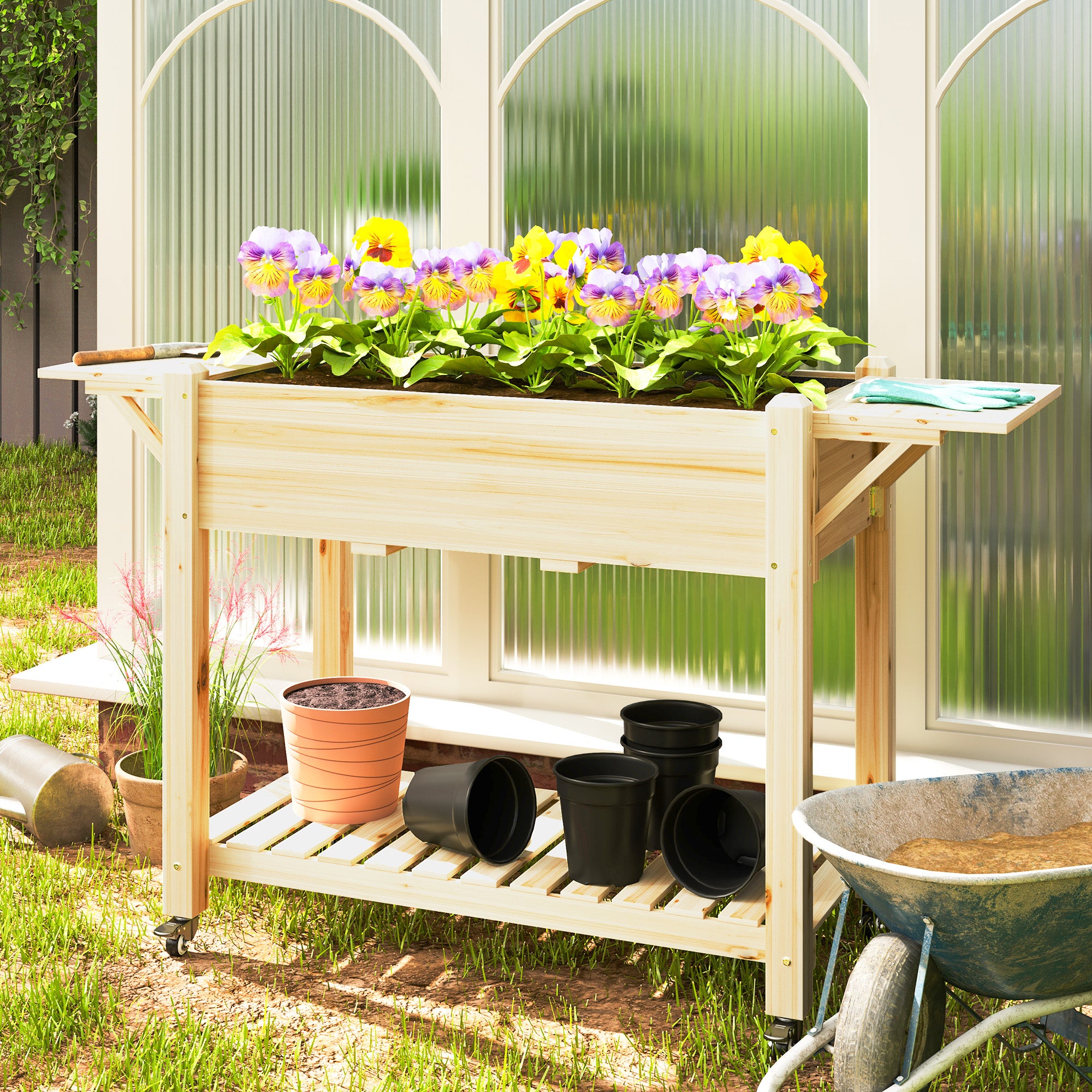 Wooden Elevated Garden Bed with Wheels Foldable Shelves Planter Raised Table for Cultivating Flowers Vegetables in Garden Terrace 145x52x86 cm Natural