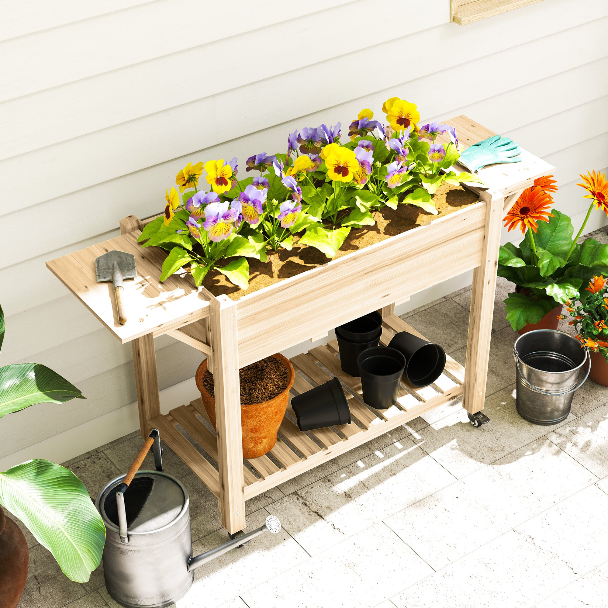 Wooden Elevated Garden Bed with Wheels Foldable Shelves Planter Raised Table for Cultivating Flowers Vegetables in Garden Terrace 145x52x86 cm Natural