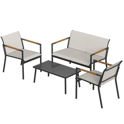 4-Piece Outdoor Patio Set — 2-Seat Sofa, 2 Armchairs & Metal-Top Table, Breathable Seats, Cream