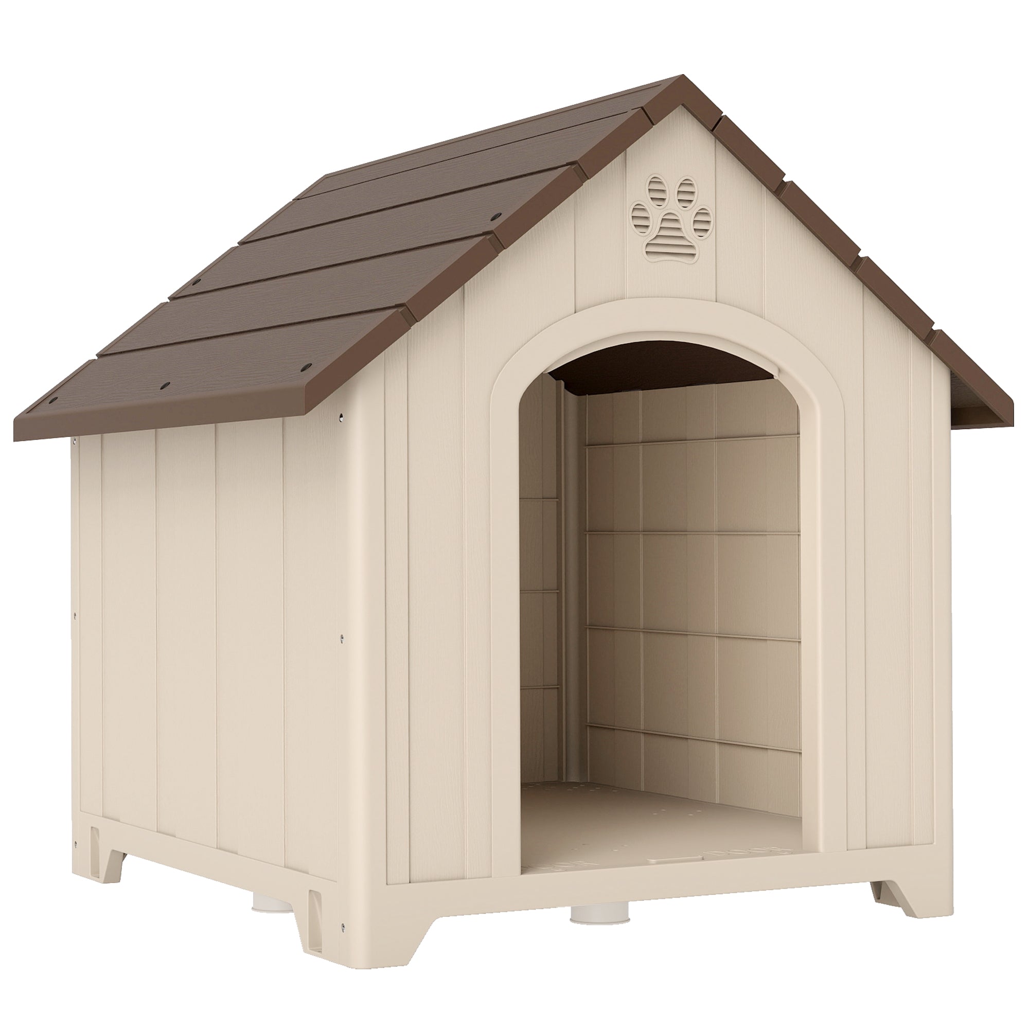 Raised Outdoor Dog House for Medium & Large Dogs — Sloped Roof, Ventilation & Ground Pegs, PP, 34.6 x 30.7 x 35.0 in (Beige/Dark Brown)