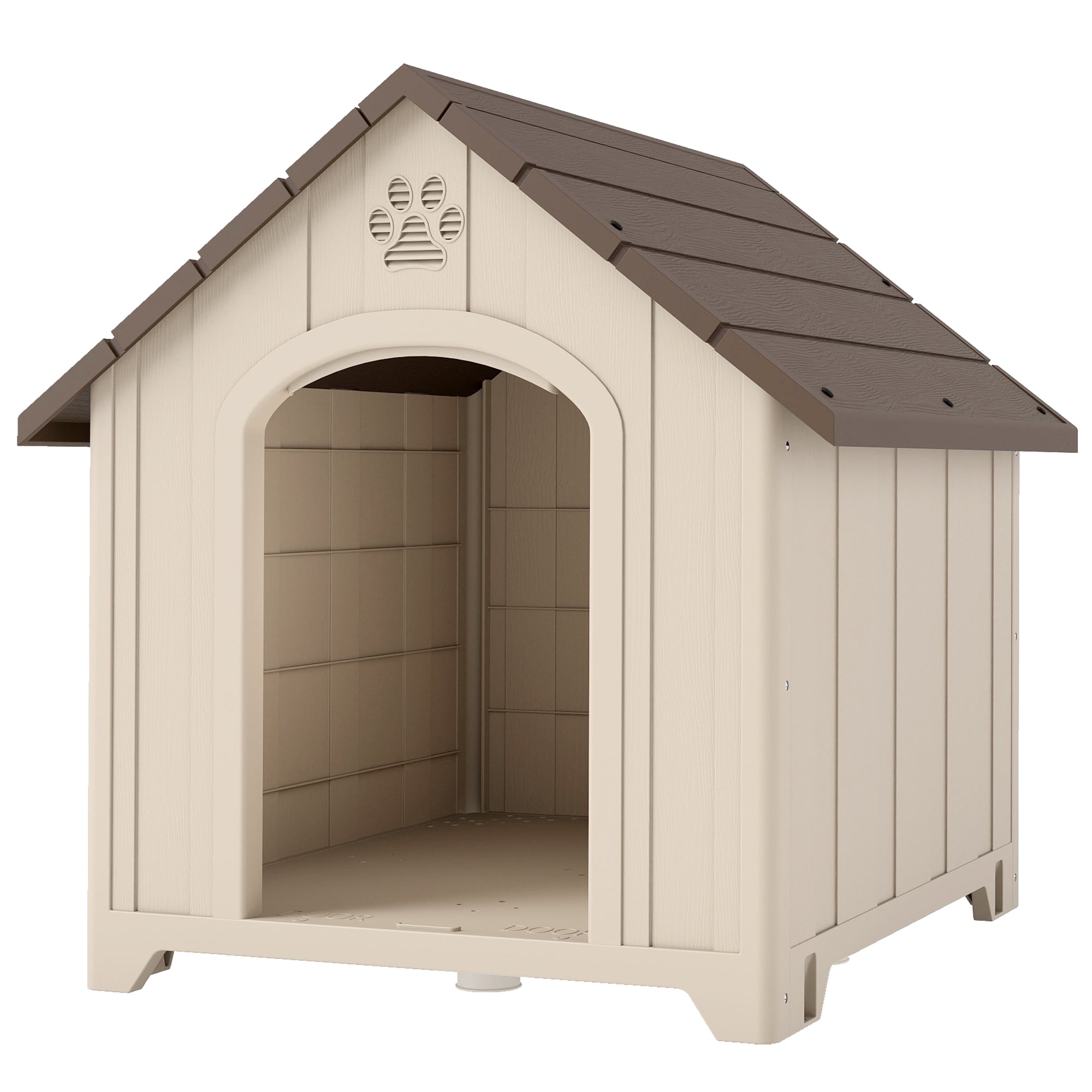 Raised Outdoor Dog House for Medium & Large Dogs — Sloped Roof, Ventilation & Ground Pegs, PP, 34.6 x 30.7 x 35.0 in (Beige/Dark Brown)